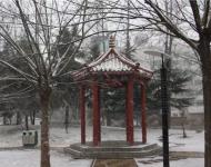 不一會，雪花就輕輕地覆蓋了整個大駐馬，連路邊游園的亭臺都讓這雪花修飾的如此意境不凡。